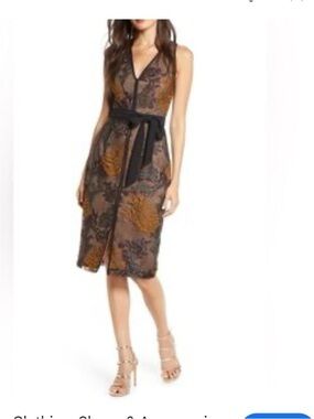 Harlyn V-Neck Taupe Midi Dress with Mustard Botanical Embroidery Sz L